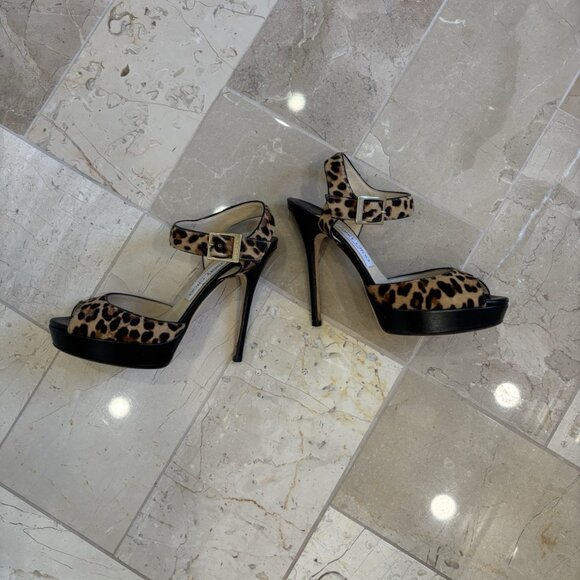 JIMMY CHOO Platform Sandals 122 Linda Leopard Print Peep Toe Pumps - Picture 4 of 5